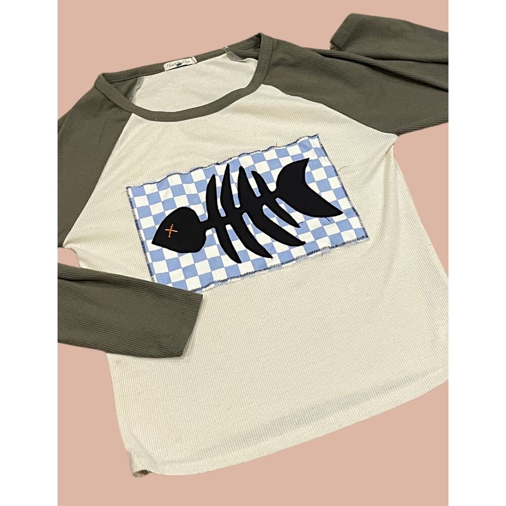 Medim Upcycled Fish keleton Long Sleeve Shirt | Boho Indie Maximalist